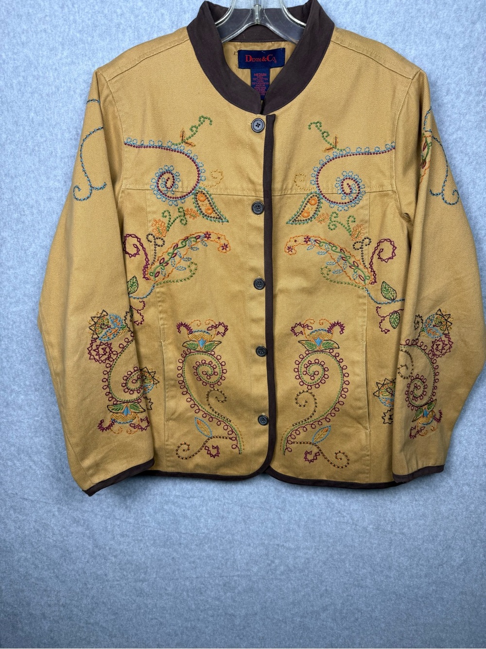 VTG Denim & Co Embroidered Tan Jacket SZ M Paisley Floral Cotton Boho Western